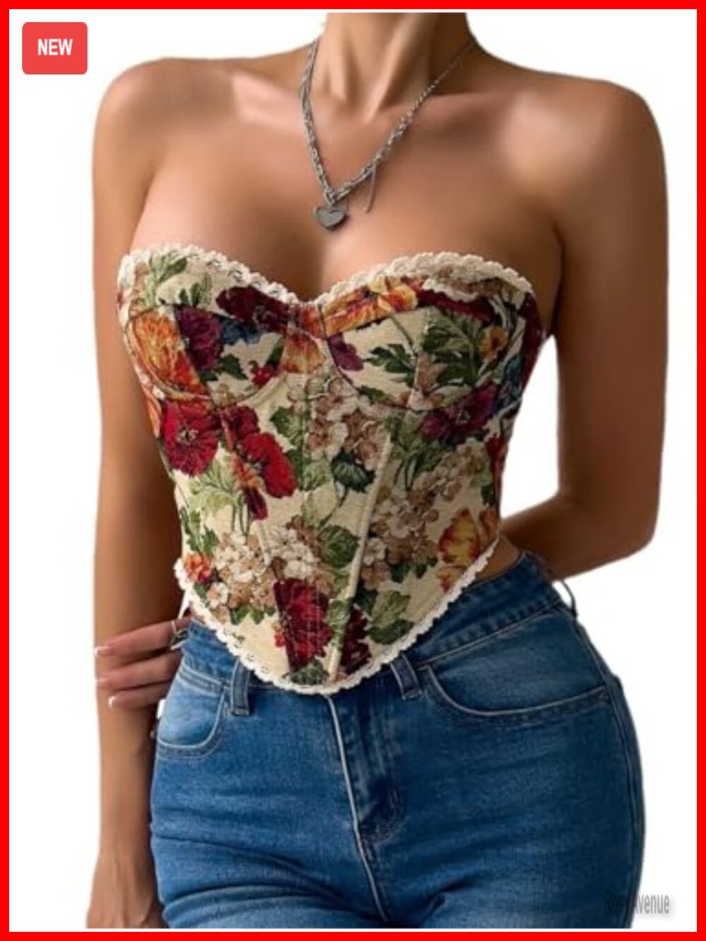 Floral Strapless Lace Trim Lace-up Corset Crop Tube Top Bustier